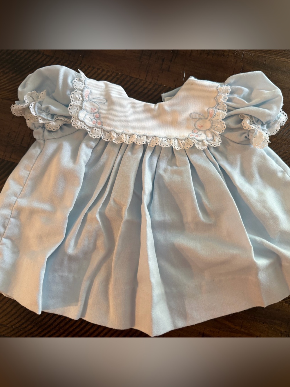 Vintage Nursery Rhymes Infant Heirloom Outfit Blue Satin Lace Baby Shirt 6M